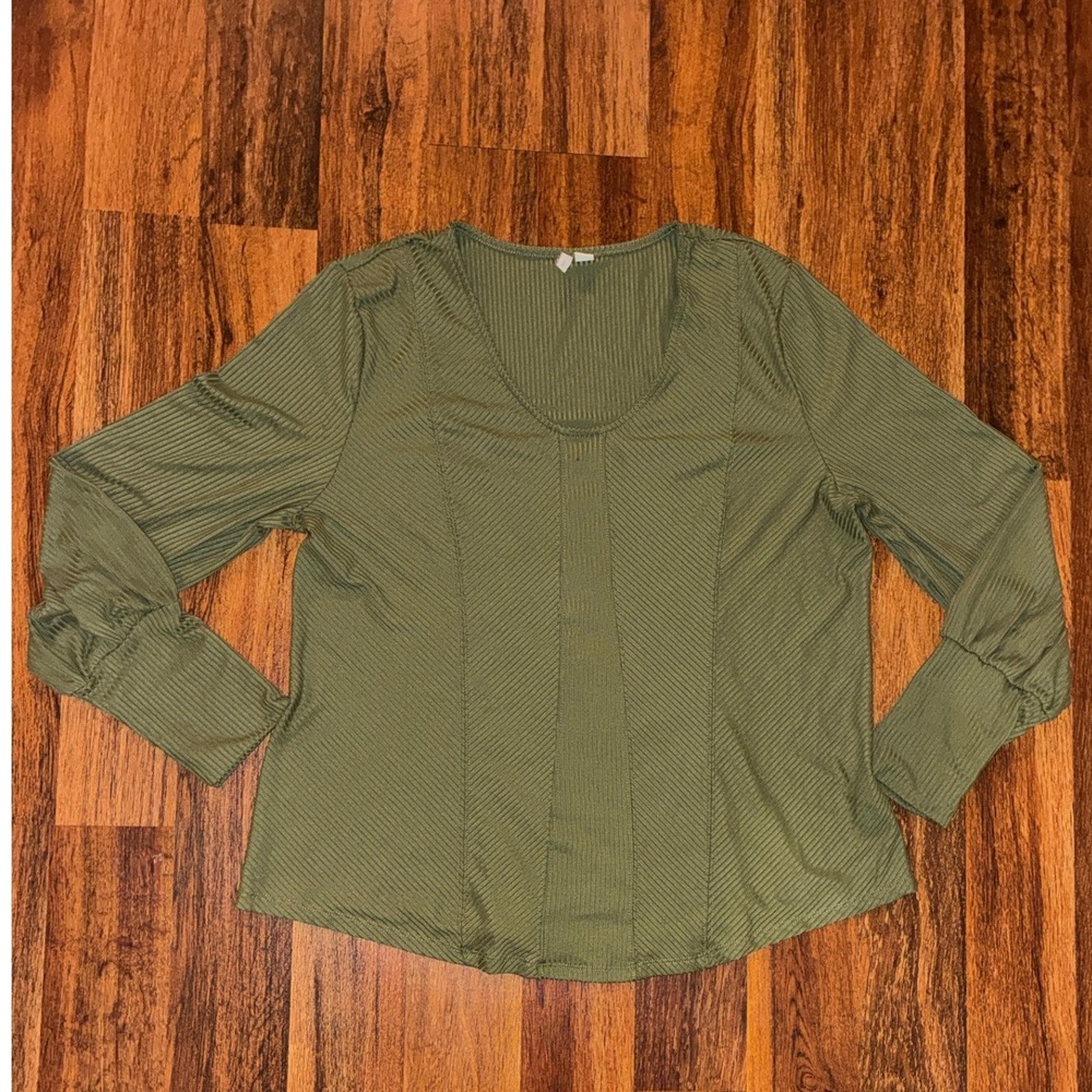 Cato Women XL Olive Green Ribbed Scoop Neck Long Sleeve Top Diagonal Seam